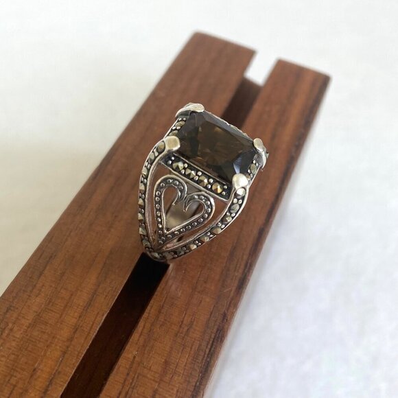 Sterling Silver 925A Rectangular Smoky Quartz & Marcasite Heart Ring Sz 5.75 - Picture 13 of 16